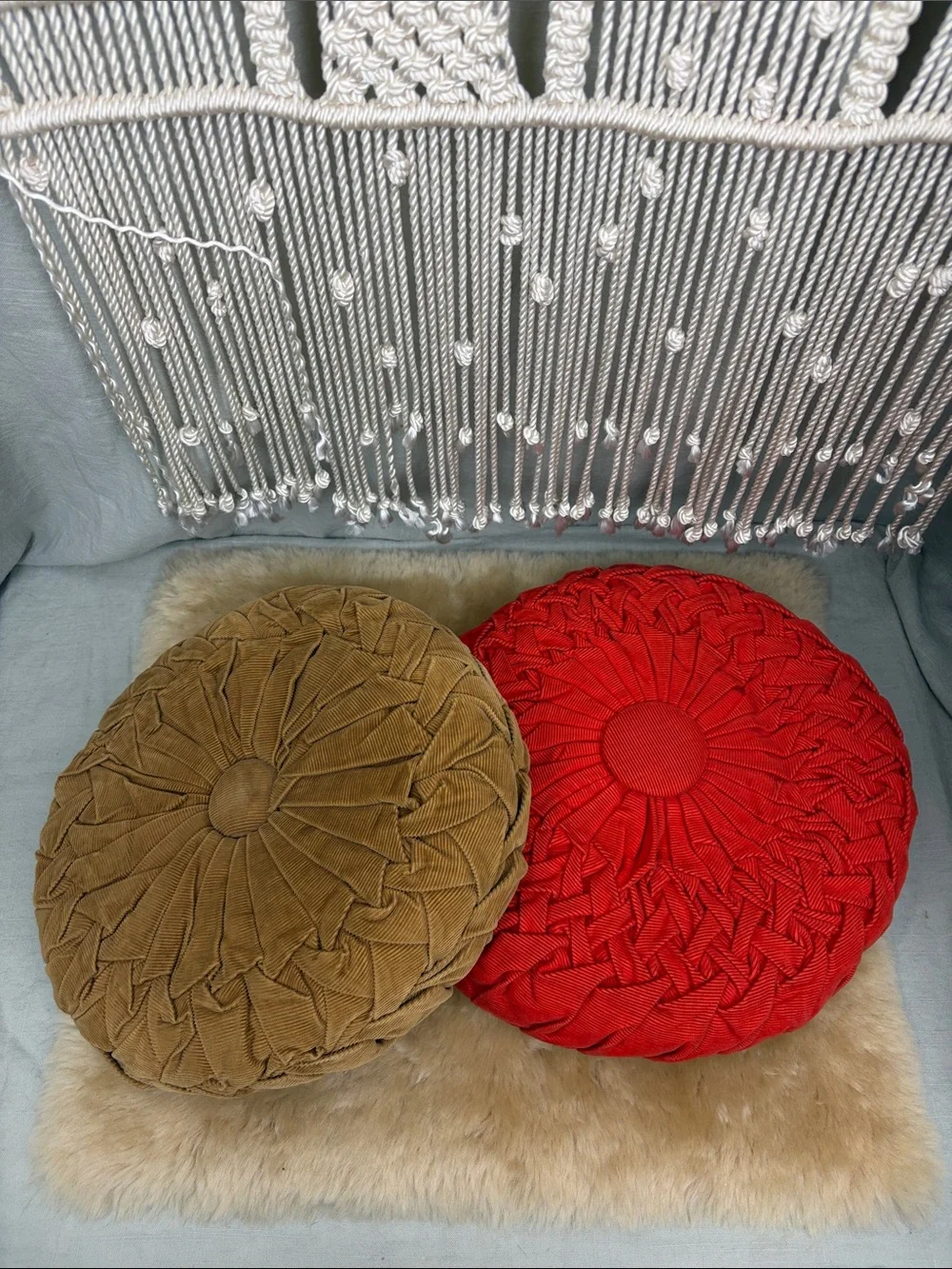 Vintage Round Pleated Corduroy Handmade Pillows - set of two | Tan & Orange